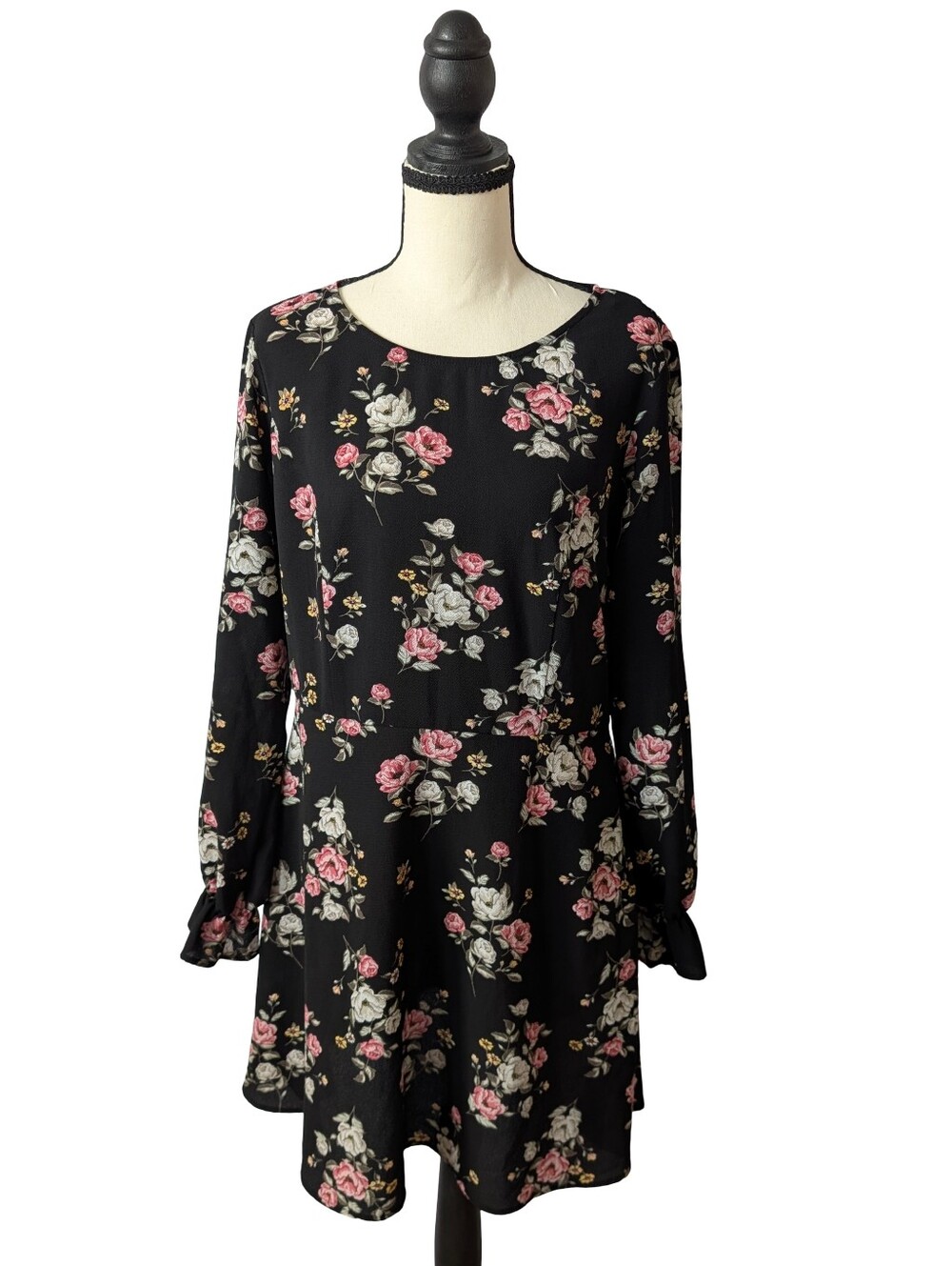 H&M Divided Black Floral Long-Sleeve A-Line Mini Dress Size 12